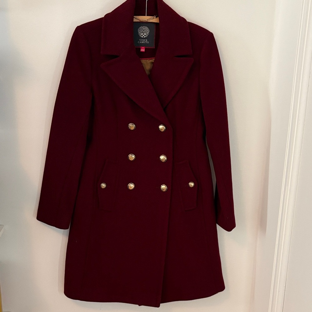 Vince Camuto Double-Breasted Pea Coat in Burgundy with Gold Buttons
